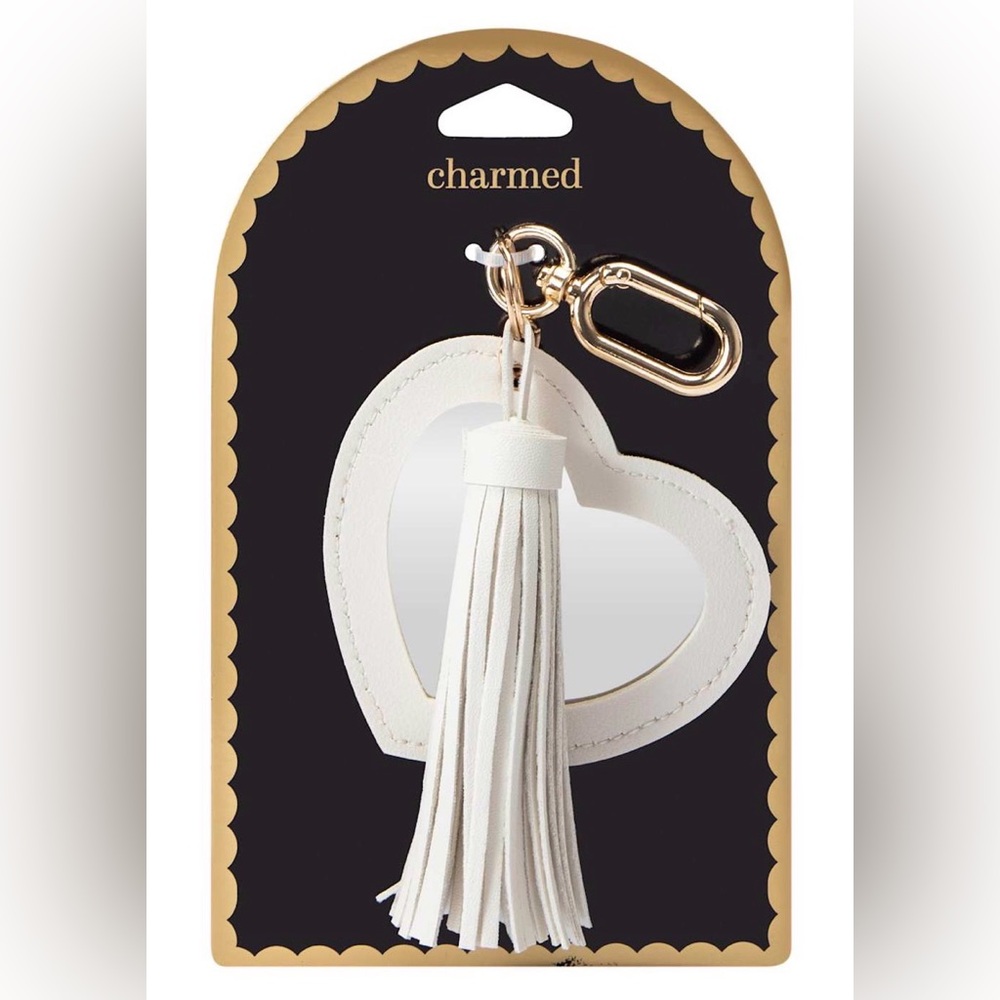 NWT White Heart Bag Charm / Keychain with Tassel and Mirror